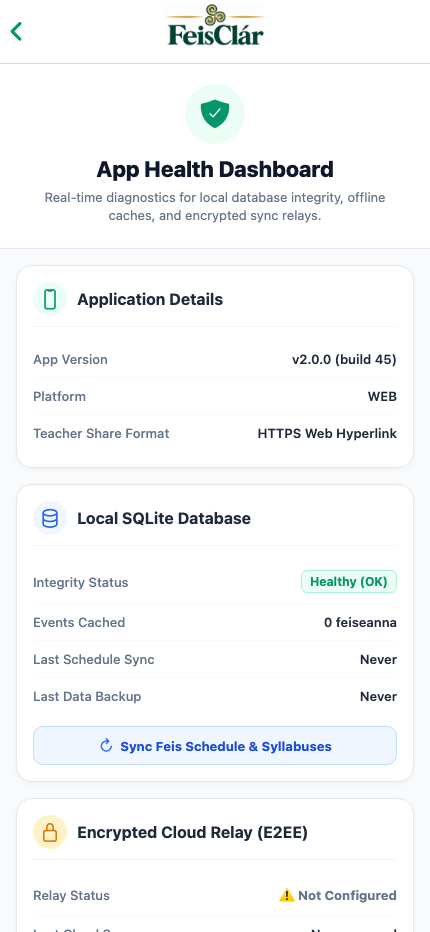 FeisClár App Health & Diagnostics Dashboard