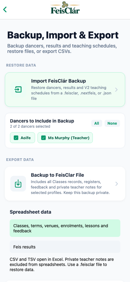 FeisClár Backup, Import & Export Control