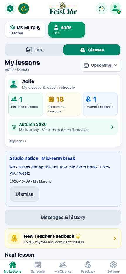 Dancer Classes Dashboard with Enrolled Classes and Next Lessons