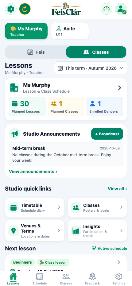 Teacher Classes Dashboard with Timetable, Classes, and Insights