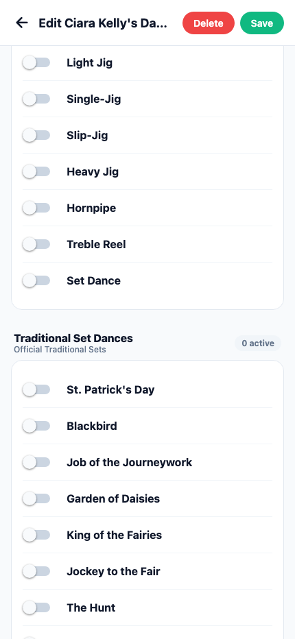 Edit Dancer's Dances & Grades Screen