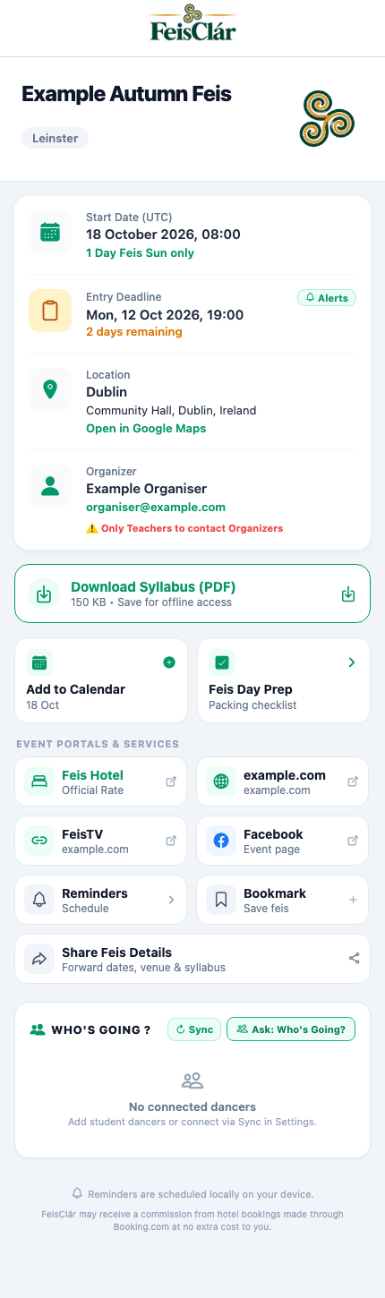 Teacher Feis details with current attendance and target controls before replies