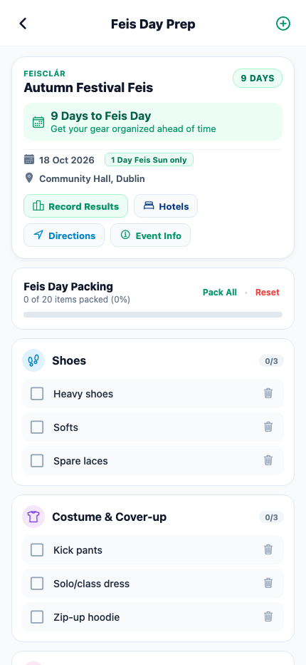 Feis Day Prep Packing Checklist Screen