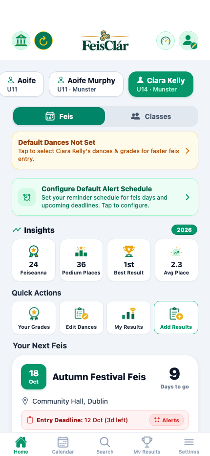 FeisClár Home Dashboard Screen