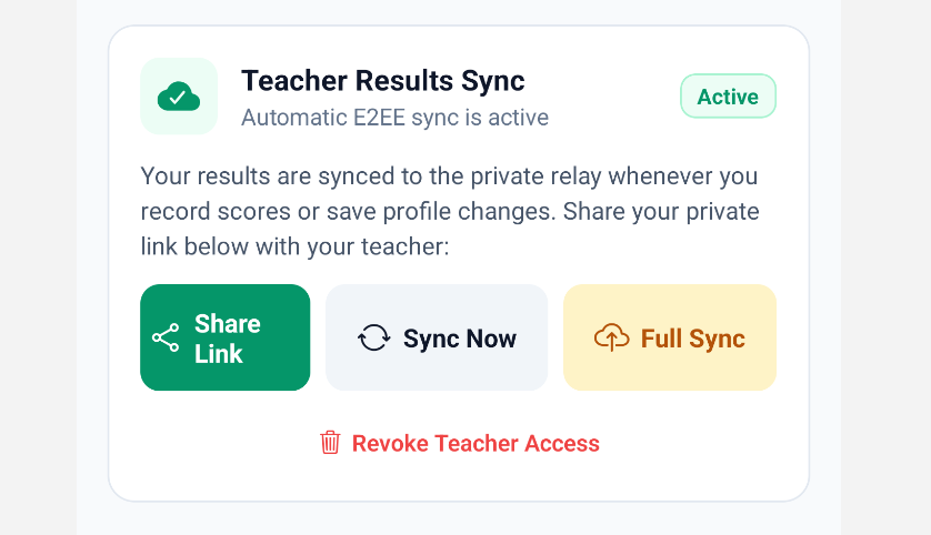 Teacher Results Sync Active Card with 1-Click Share Link